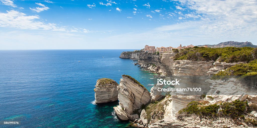 View of Bonifacio old town in Corsica France View of Bonifacio old town built on top of cliff rocks, Corsica island, France Bonifacio Stock Photo