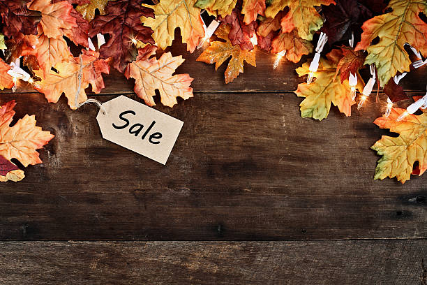 istock Fall Leaves and Sales Tag over Wooden Background 586199568