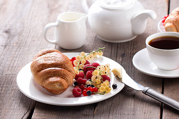 istock Delicious breakfast with fresh croissants and ripe berries. 586203192