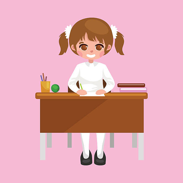 little girl sitting at the table with notebooks and books little girl sitting at the table with notebooks and books, learning back to school concept vector melting girl stock illustrations