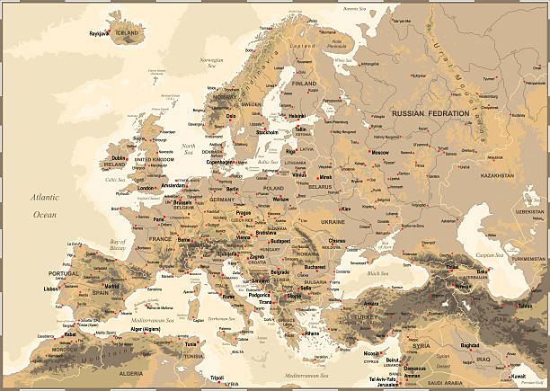 ilustraciones, imágenes clip art, dibujos animados e iconos de stock de europa - mapa físico vintage - map germany topographic map vector