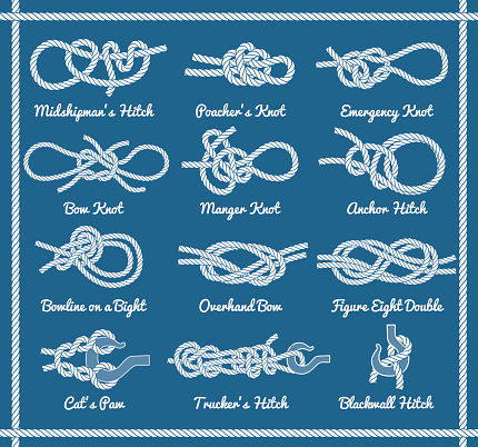 Set of rope knots, hitches, bows, bends. Decorative vector design. Part 3 of 3
