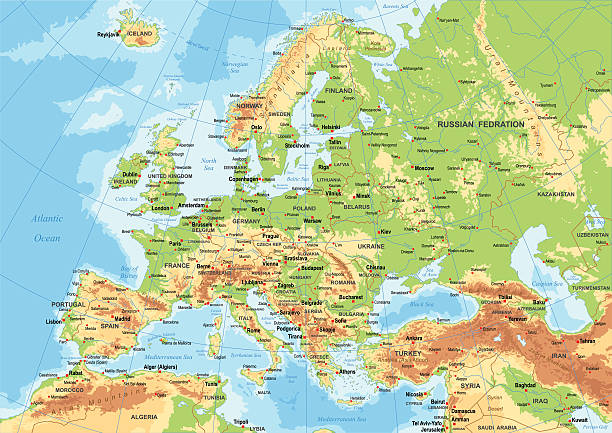 europa - mapa fizyczna - europa stock illustrations