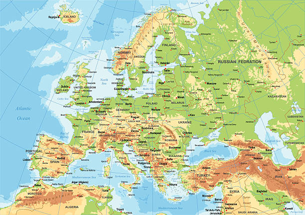 ilustrações de stock, clip art, desenhos animados e ícones de europe - physical map - europa locais geográficos