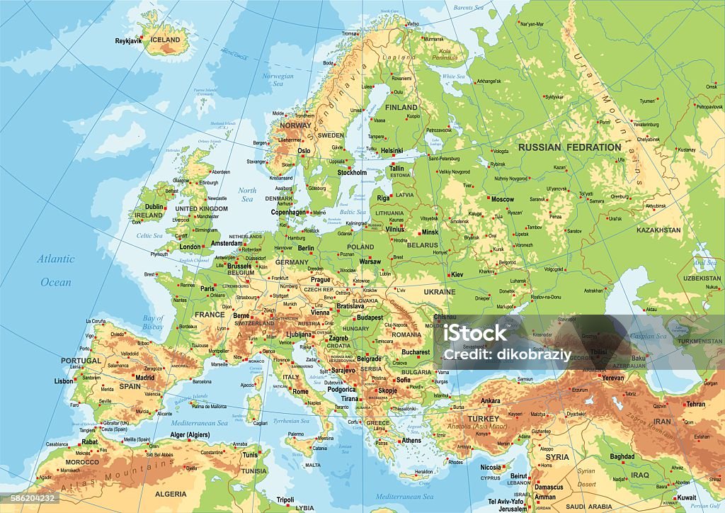 Europe - Physical Map Highly detailed colored vector illustration of Europe map -.borders, countries and cities - illustration. Map stock vector