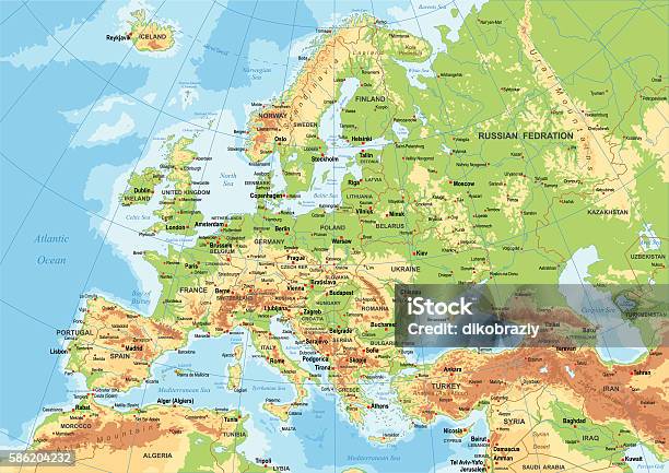 Europe Physical Map Stock Illustration - Download Image Now - Map, Europe, Intricacy