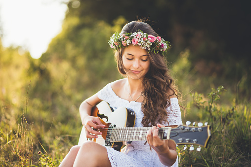 Nature, Guitar, Playing, Hippie, Women