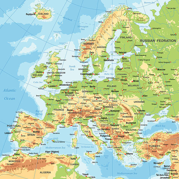 ilustraciones, imágenes clip art, dibujos animados e iconos de stock de europa - mapa físico - map germany topographic map vector