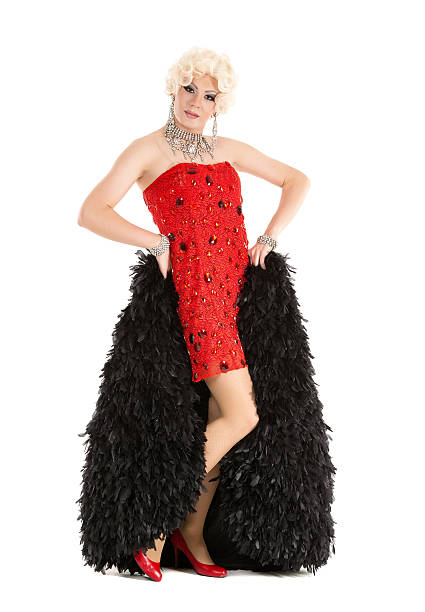 istock Drag Queen in Red Dress with Fur Performing 586205022