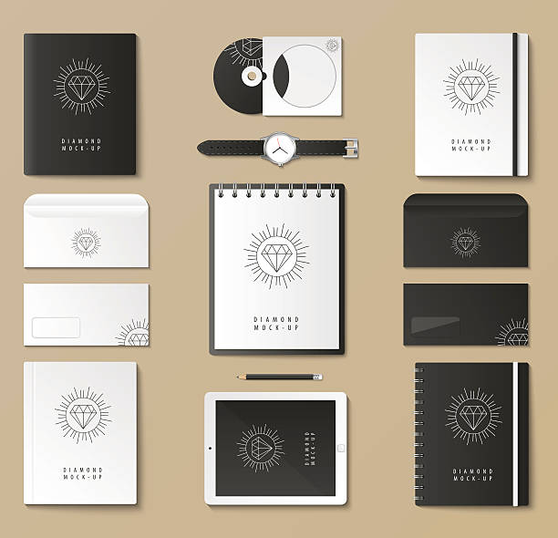 Mock up vector set. Corporate identity template set. Business stationery mock-up with posters. Branding design. Notebook, card, catalog, pen, pencil, badge, tablet pc mobile phone letterhead. blank playing card box stock illustrations