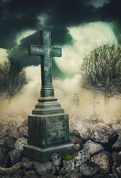 istock Halloween mystical background with cross at night 586205630