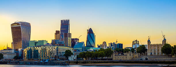 Panoramic View of London Cityscape Panoramic view of London cityscape at sunset london gherkin at night stock pictures, royalty-free photos & images