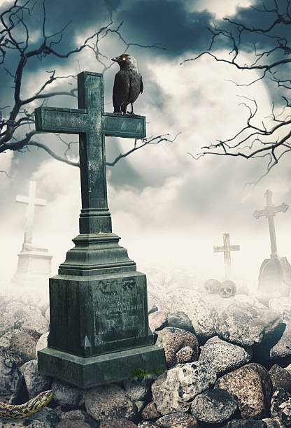 istock Halloween mystical spooky background with raven and cross 586205732