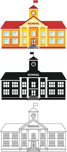 Detailed illustration of classical school building isolated on white background in a flat style.