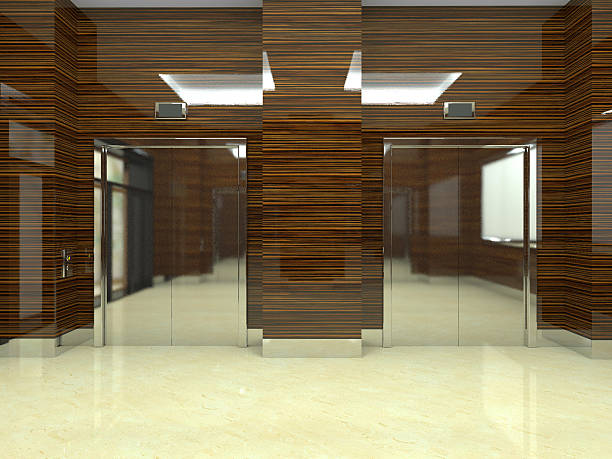 istock 3d rendering of a lobby with lift 586207090