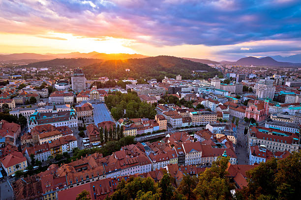 istock Sunset above Ljubljana aerial view 586208852