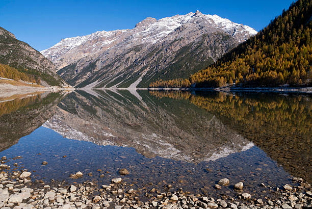 Beautiful reflection in lake Livigno in the Italian Alps