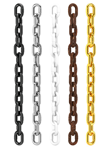 black, silver, white, rusty and gold chains isolated on a white background