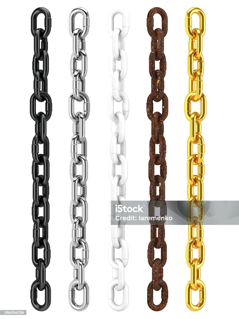 black, silver, white, rusty and gold chains black, silver, white, rusty and gold chains isolated on a white background Chain - Object Stock Photo