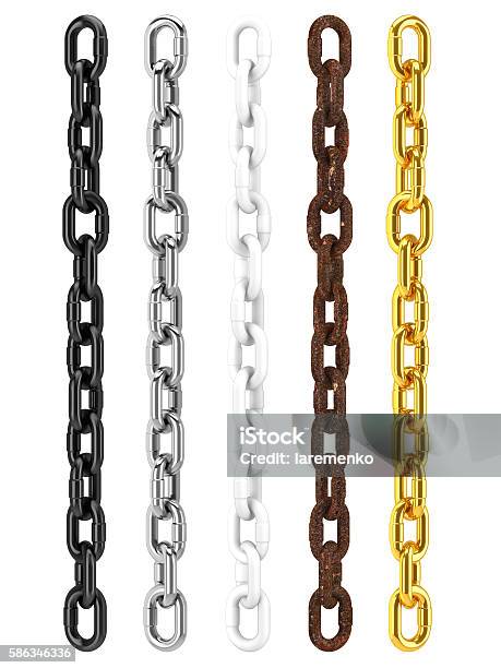 Black Silver White Rusty And Gold Chains Stock Photo - Download Image Now - Chain - Object, Hanging, Cut Out