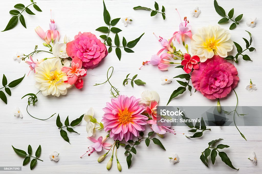 Flower composition Festive flower composition on the white wooden background. Overhead view Bouquet Stock Photo