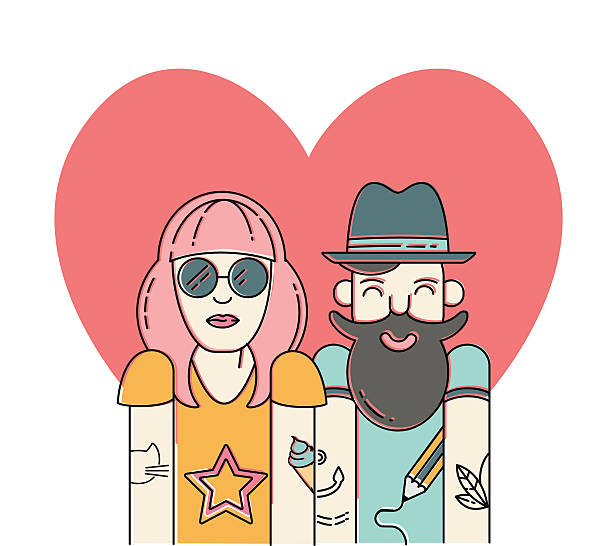 Cool vector hipster couple in love. Cool vector hipster couple in love. Urban citizen character. Vector flat line illustration. background of the cool guy wearing sunglasses stock illustrations