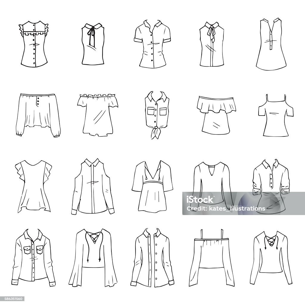 Shirts and blouses Hand drawn vector clothing set isolated on white. 15 models of trendy shirts and blouses. Button Down Shirt stock vector