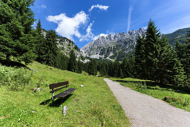 istock Idyllic mountain scene with a bench in the foreground 586352710