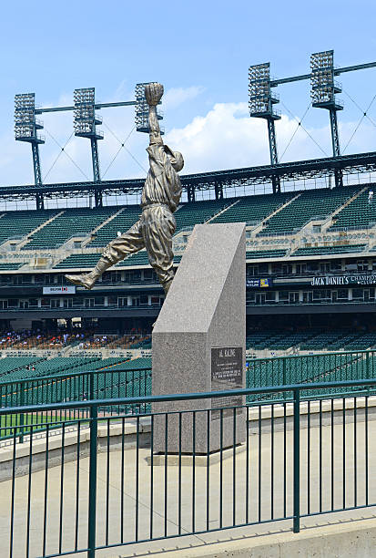 Comerica Park baseball park in Detroit Michigan Detroit, Michigan, USA - May 26, 2016: DETROIT, CIRCA MAY 2016. Marked by its signature tiger statues, Comerica Park is a baseball park which was part of the revitalization of Detroit and replaced Tiger Stadium in 2000. detroit tigers stock pictures, royalty-free photos & images