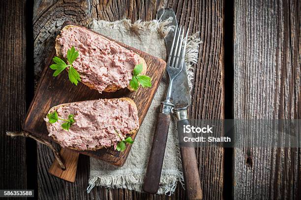 Two Delicious Sandwich Made Of Pate With Parsley Stock Photo - Download Image Now - Pate, Liver - Offal, Rural Scene