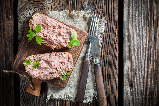 two delicious sandwich made of pate with parsley - country bread imagens e fotografias de stock