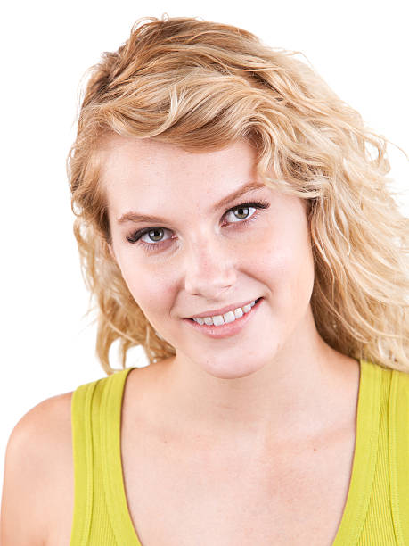 istock Beautiful blonde on white background 586354022