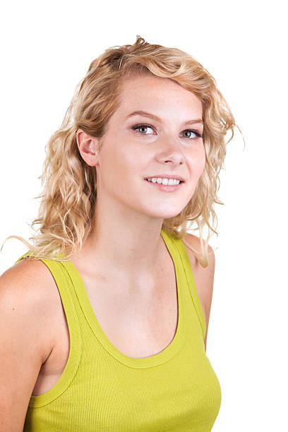 istock Beautiful blonde on white background 586354040