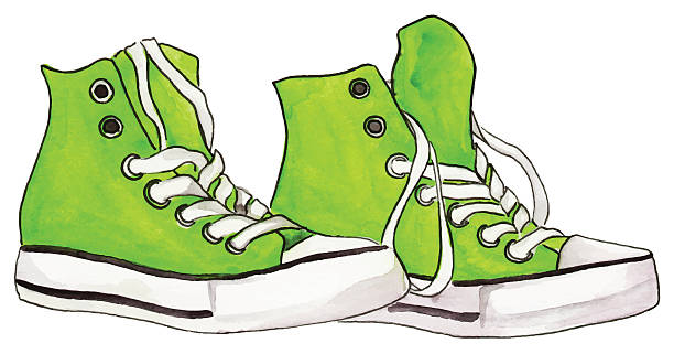 ilustraciones, imágenes clip art, dibujos animados e iconos de stock de zapatillas de acuarela verde neón par zapatos vector aislado - illustration and painting pencil drawing image sports shoe