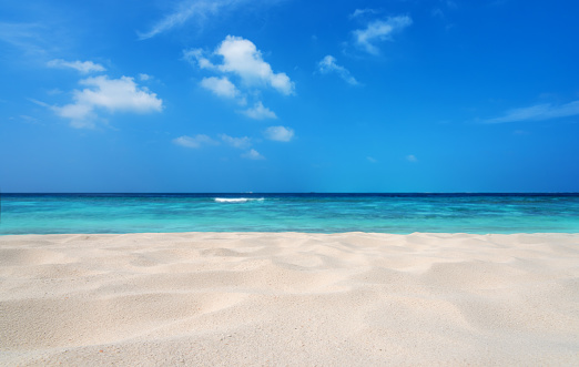 Soft wave of blue ocean on sandy beach. Summer vacation in island. clear azure water Background.