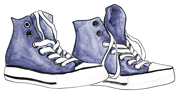 ilustrações, clipart, desenhos animados e ícones de aquarela indigo jeans tênis par sapatos vetor isolado - illustration and painting pencil drawing image sports shoe