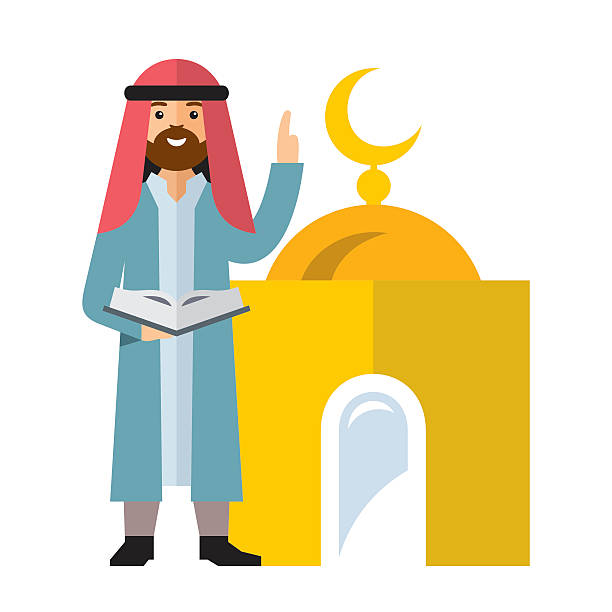 Vector Islamic Prayer. Flat style colorful Cartoon illustration. Saudi, reading the Koran, points a finger at the sky.. Isolated on a white background i love allah in arabic silhouettes stock illustrations