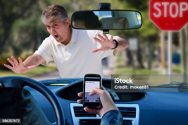 Texting And Driving Wreck Hitting Pedestrian Stock Photo - Download Image Now - Driving, Crash, Pedestrian