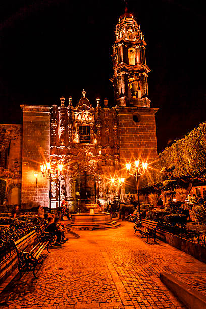 Temple of San Francisco Church San Miguel de Allende Mexico Templo de San Francisco Church Night San Miguel de Allende, Mexico. San Francisco Church was created in 1778.  The facade is Churrigueresque, Spanish baroque, style with stone statues. san miguel de cozumel stock pictures, royalty-free photos & images