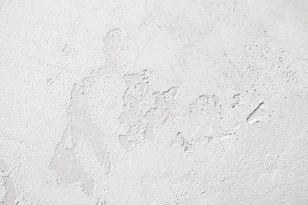 Old white stucco peeling wall background, free space. Grungy plaster backdrop