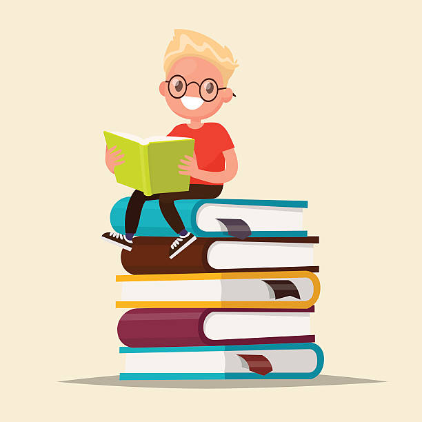 ilustrações de stock, clip art, desenhos animados e ícones de boy with glasses reading a book sitting on a stack - computer graphic child school children small