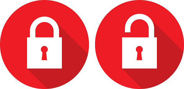 Vector illustration of red and white lock and unlock icons.