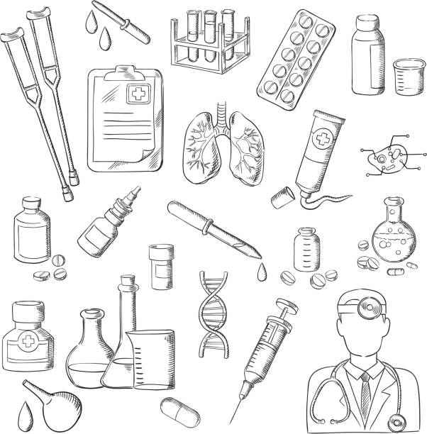 leki, sprzęt medyczny szkice sprzętu laboratoryjnego - medical research medicine laboratory computer graphic stock illustrations