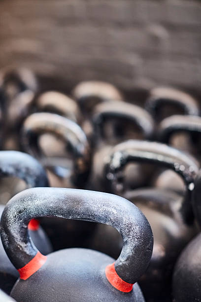 istock Close-up of kettlebells in gym 586364120