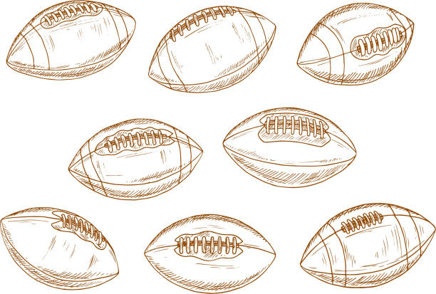 American football or rugby sports balls sketches Retro balls of american football game brown sketch symbols with classic elongated leather sporting balls with stitching and lacing. Sporting competition or sports items design soccer clipart stock illustrations