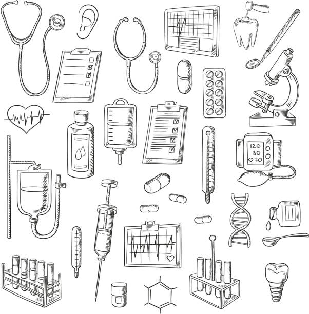 medizinische untersuchung und behandlungen skizzieren icons - medicine syringe pill capsule stock-grafiken, -clipart, -cartoons und -symbole