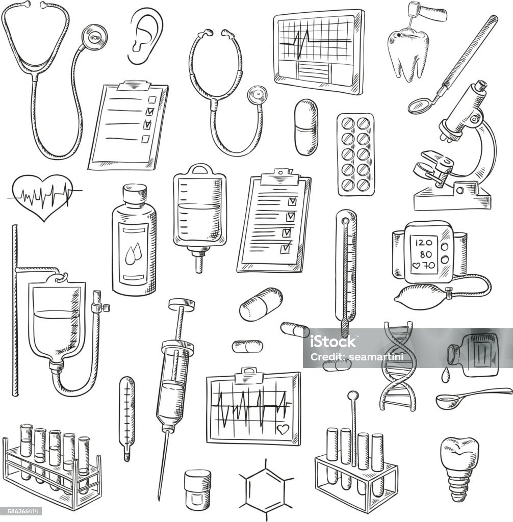 Medical checkup and treatments sketch icons Sketched stethoscopes, thermometers and syringes, medicines, test tubes and drip chambers, microscope, heart and ear, dentist tools, tooth implant, checkup form, ecg and blood pressure monitors, DNA helix and chemical formula symbols Drawing - Art Product stock vector