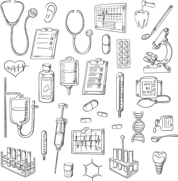 Medical checkup and treatments sketch icons Sketched stethoscopes, thermometers and syringes, medicines, test tubes and drip chambers, microscope, heart and ear, dentist tools, tooth implant, checkup form, ecg and blood pressure monitors, DNA helix and chemical formula symbols medicine drawings stock illustrations
