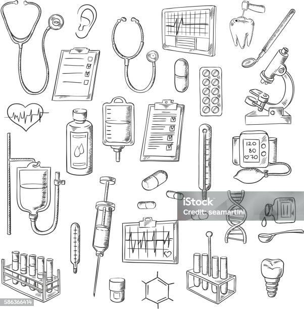Medical Checkup And Treatments Sketch Icons Stock Illustration - Download Image Now - Drawing - Art Product, Healthcare And Medicine, Sketch