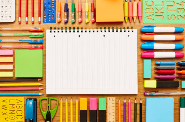 istock Spiral note pad surrounded by school supplies on table 586366738